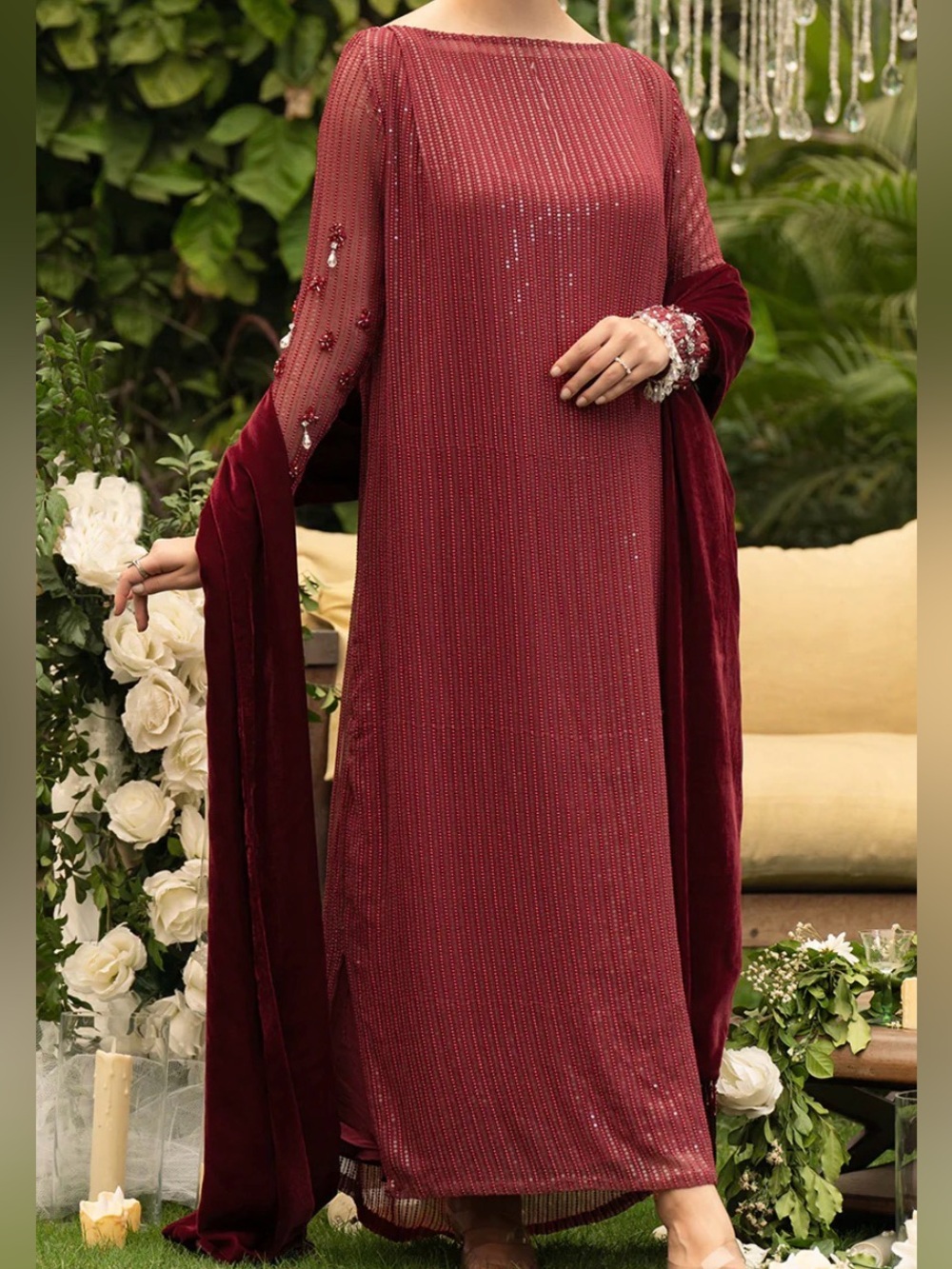Brand New! Elegant Women's Maroon Sequin Long Dress